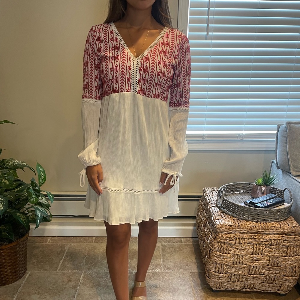 Long sleeve white and red embroidered dress